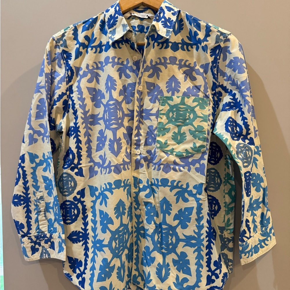 Vibrant Blue and Cream Patterned Shirt